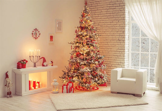 Toile de fond de Noël blanc brique rouge arbre de Noël plancher en bois