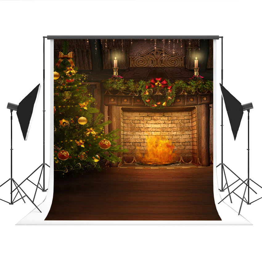 Toile de fond de photographie de cheminée en brique de Noël vintage