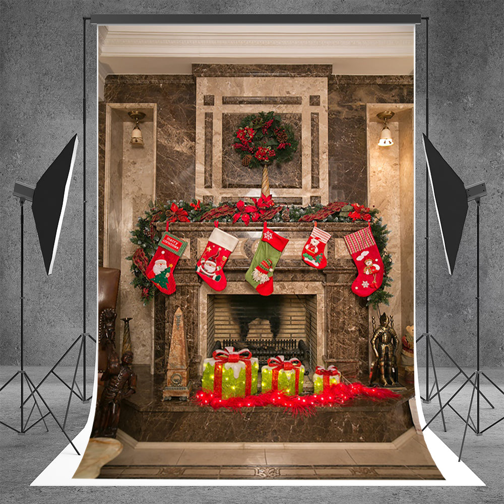 Toile de fond de chaussettes de cheminée de Noël décors photo pour le studio