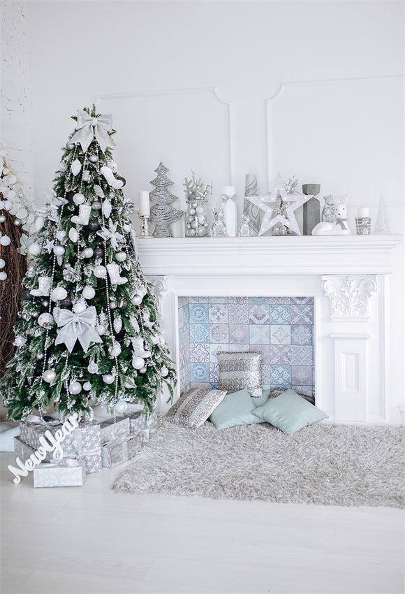 Toile de fond de décor de ruban de cheminée blanche de Noël