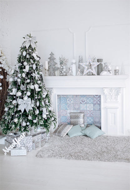 Toile de fond de décor de ruban de cheminée blanche de Noël