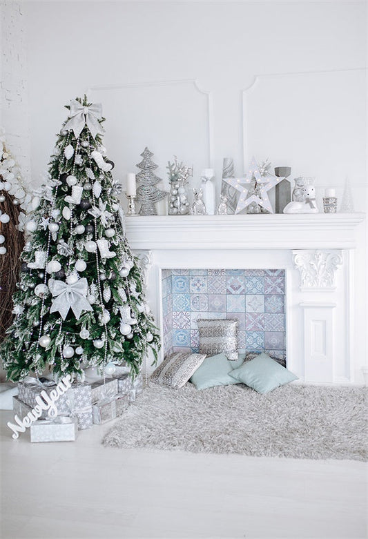 Toile de fond de décor de ruban de cheminée blanche de Noël