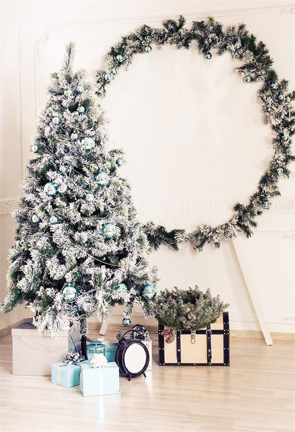 Toile de fond décors de Noël de plancher de bois de guirlande de pin