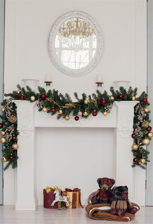 Toile de fond décors de photographie d'ours de cheminée de Noël blanc