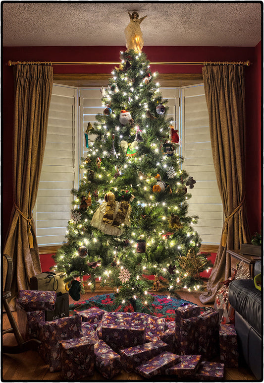 Toile de fond décors de photo de rideau de cadeau d'arbre de Noël lumineux
