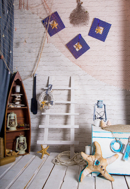 Toile de fond de mur de briques d'ancrage de filet de pêche de bateau vintage pour la photo