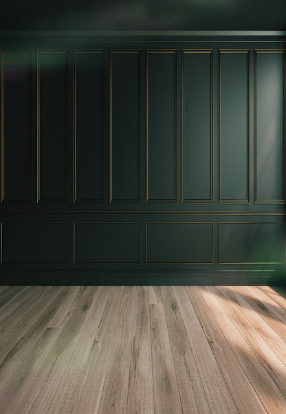 Toile de fond de photographie de mariage de plancher de bois de mur de cadre d'or vert foncé