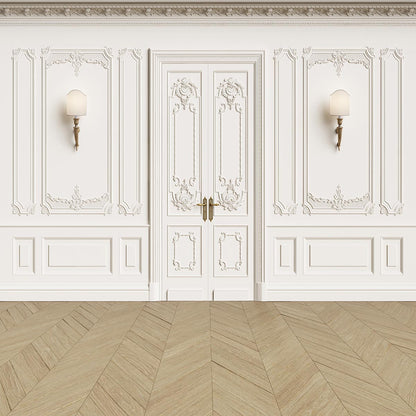 Toile de fond de luxueux mur blanc porte mariage fond de plancher en bois brun clair pour la photo