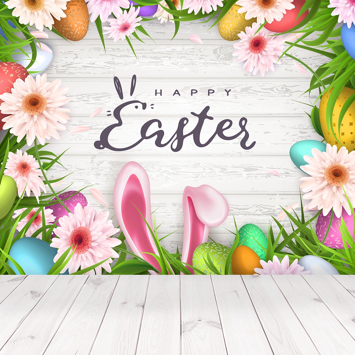 Toile de fond de lapin floral joyeuses Pâques en bois blanc pour le printemps