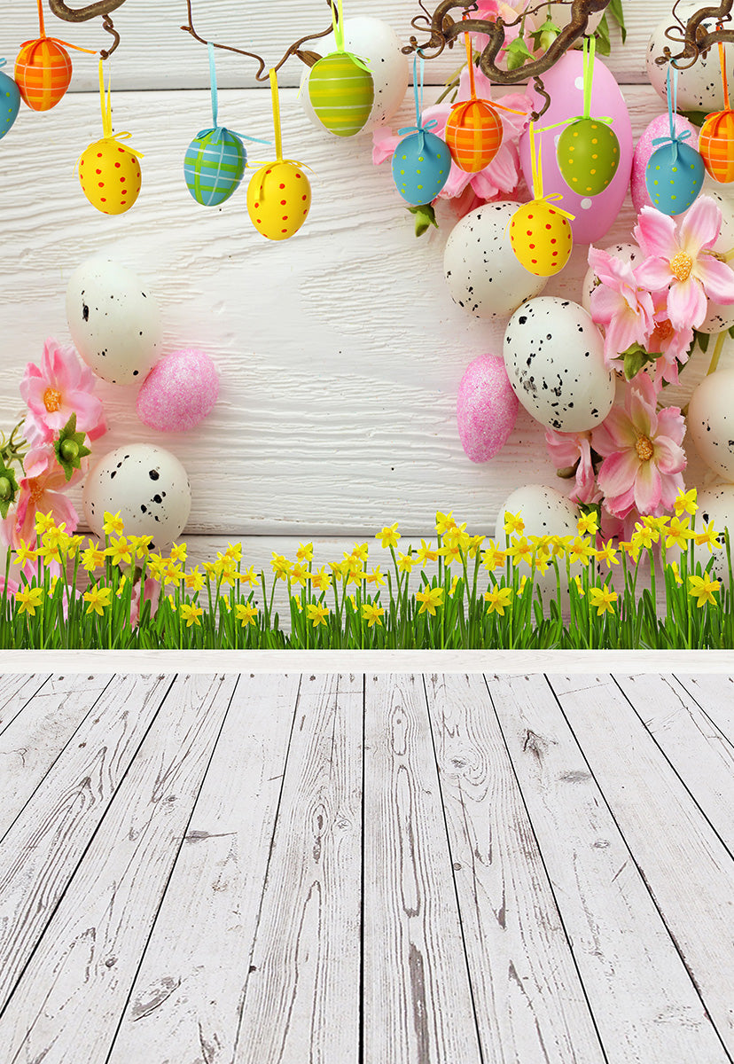 Toile de fond joyeuses Pâques oeufs colorés avec fleurs décors plancher bois blanc