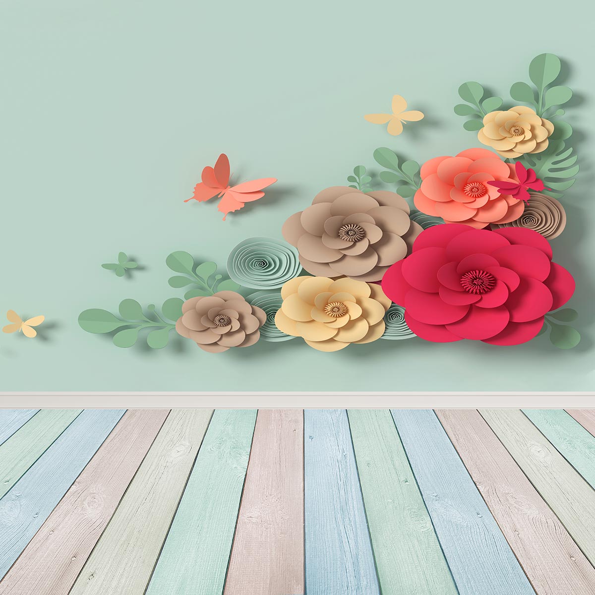 Toile de fond de sol en bois de fleurs colorées 3D de mur de menthe pour la photographie