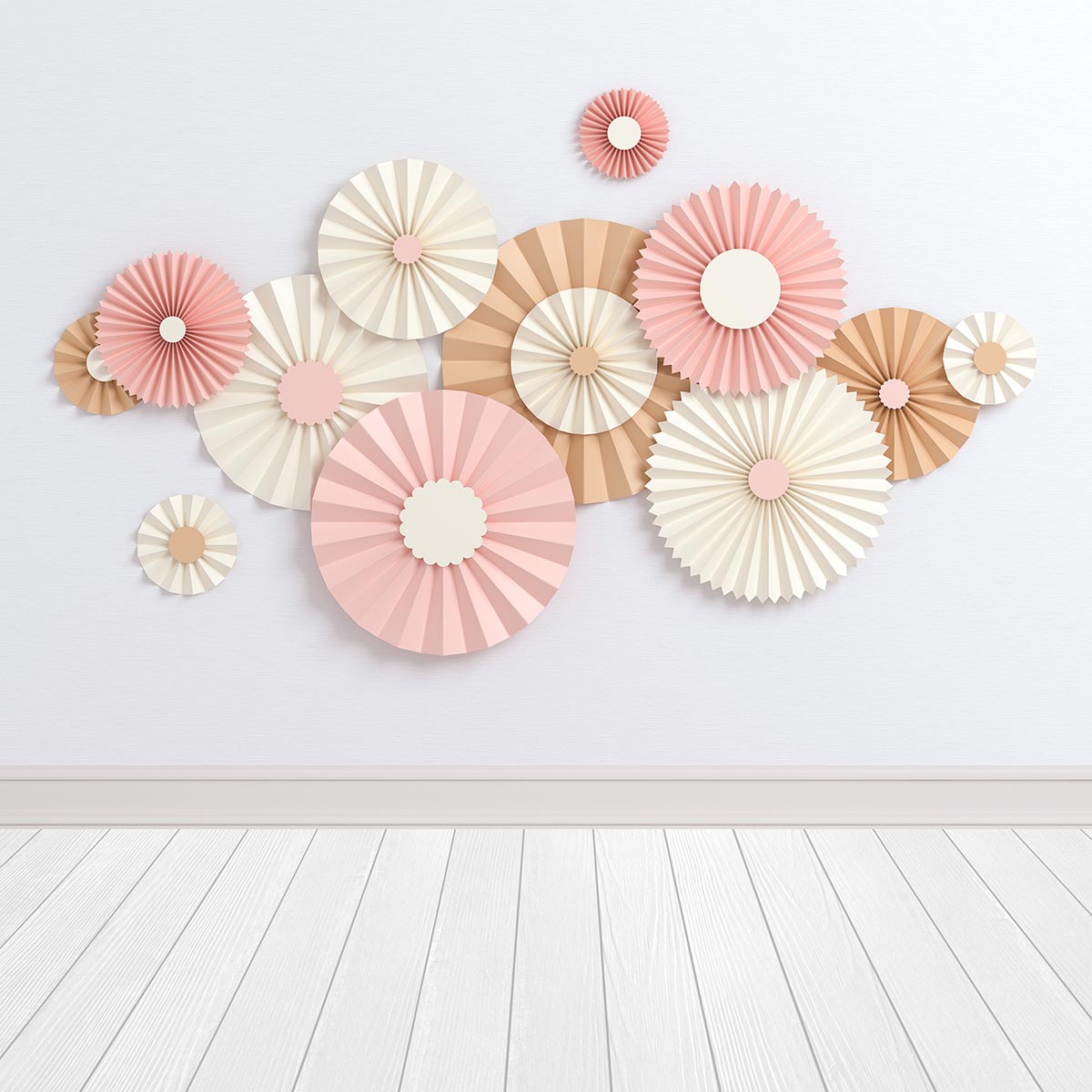 Toile de fond de fleurs de papier rose de plancher de bois de mur blanc pour l'anniversaire