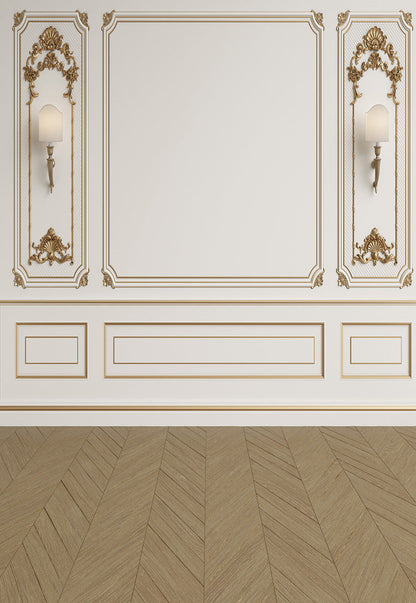 Toile de fond de mur blanc bord doré mariage décors de sol en bois brun