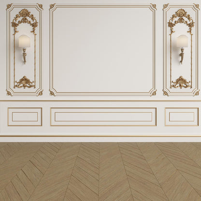 Toile de fond de mur blanc bord doré mariage décors de sol en bois brun