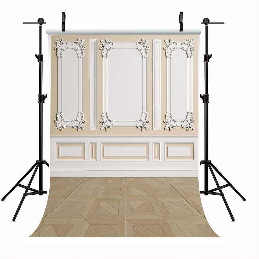 Toile de fond décors de sol en bois brun mur blanc beige pour la mariage