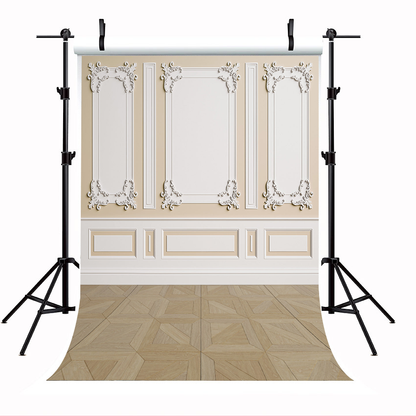Toile de fond décors de sol en bois brun mur blanc beige pour la mariage