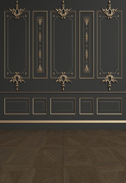 Toile de fond de photographie de mur noir de décor de sculpture d'or pour le mariage