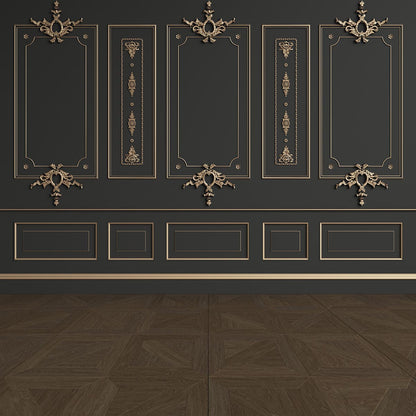 Toile de fond de photographie de mur noir de décor de sculpture d'or pour le mariage
