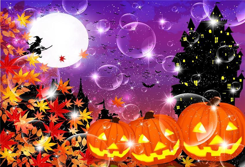 Toile de fond de feuilles d'érable château noir décors d'Halloween brillants