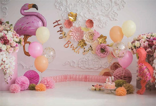 Toile de fond flamant rose joyeux anniversaire fleurs roses