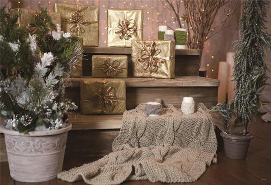 Toile de fond de Noël escalier en bois cadeau or