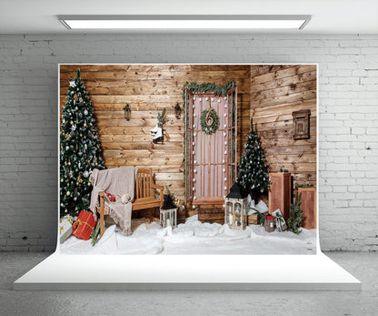 Toile de fond décors de stand de photo de Noël en bois brun