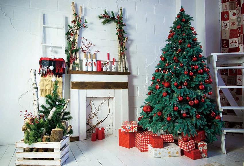 Toile de fond décors de photo d'arbre de Noël de mur de briques blanches
