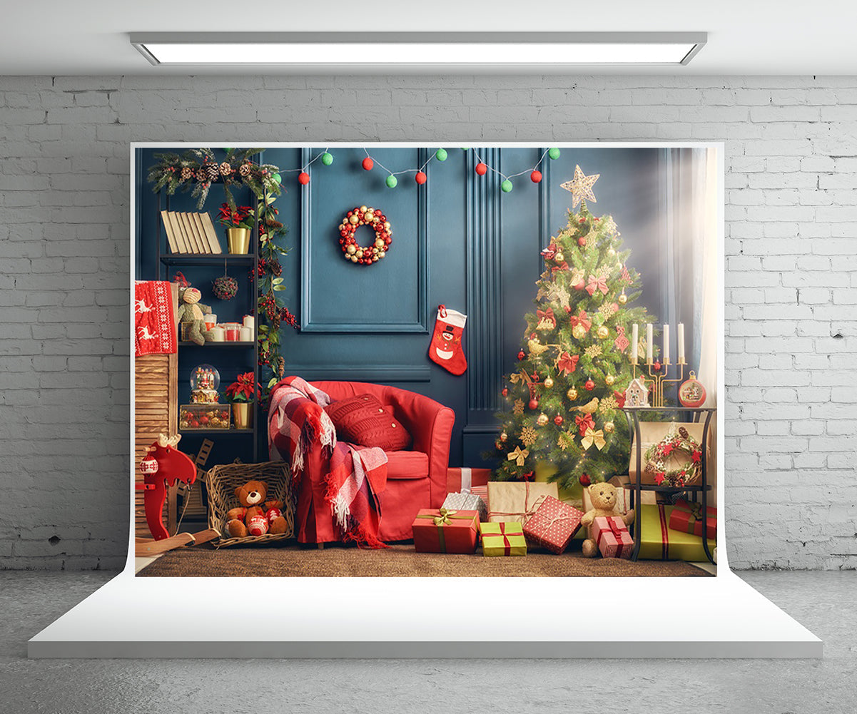 Toile de fond d'arbre de Noël bleu rouge canapé photographie décors