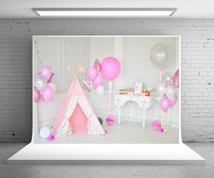 Toile de fond décors d'anniversaire de décor de photo de bébé de tente rose