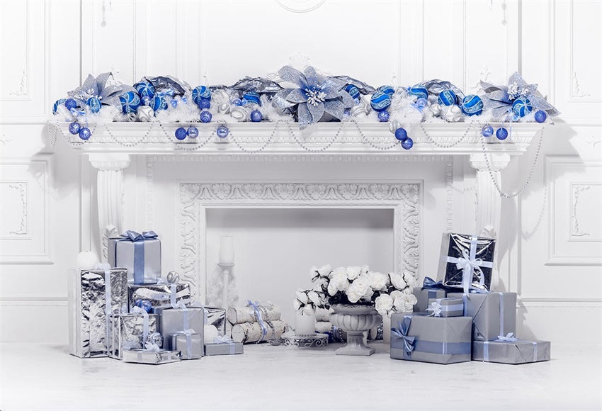 Toile de fond décor de Noël bleu royal décors de cheminée blanche