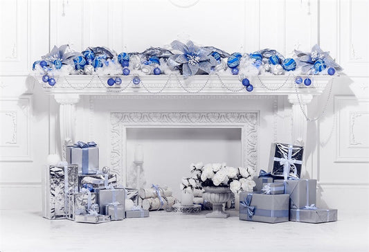 Toile de fond décor de Noël bleu royal décors de cheminée blanche
