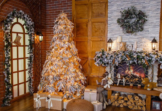 Toile de fond décors de mur de briques de guirlande de sapin de Noël doré