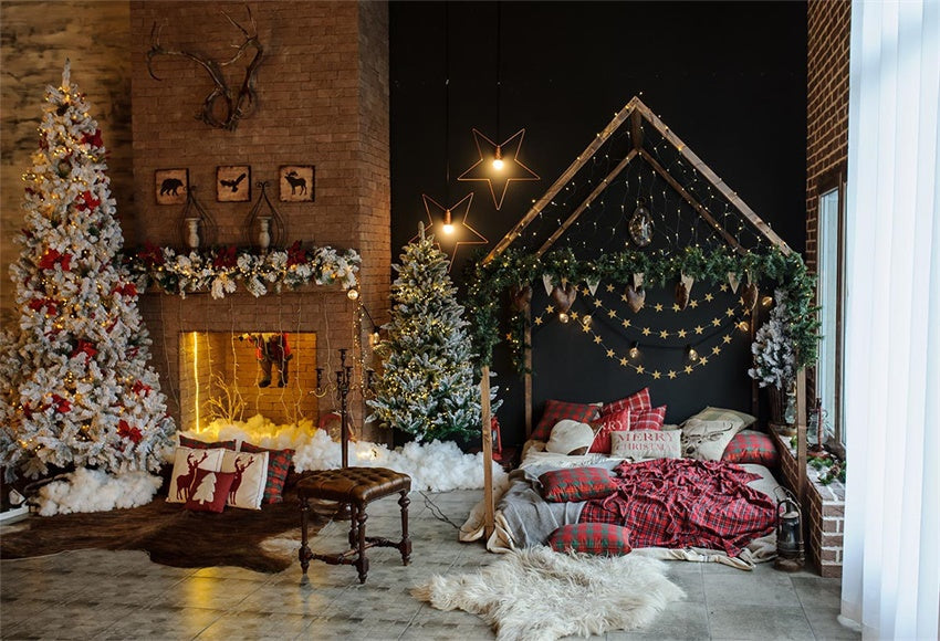 Toile de fond de cheminée en brique de Noël de lit mural noir pour la famille