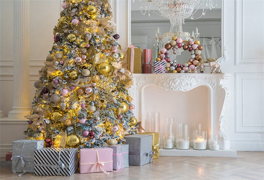 Toile de fond d'arbre de Noël cloche rose or pour la photographie