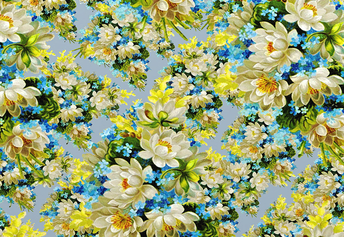 Toile de fond photo floral bleu fleurs blanches pour le studio
