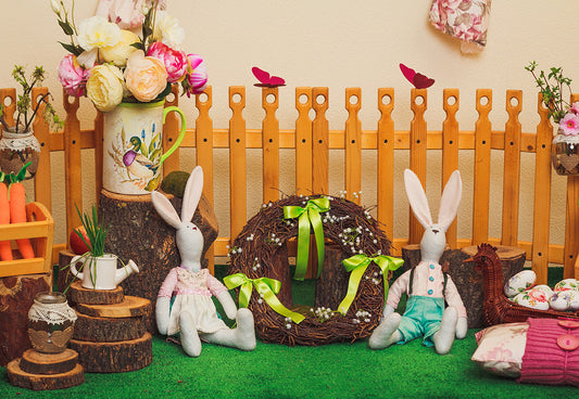 Toile de fond de printemps herbe clôture jardin lapin fleur Pâques photographie