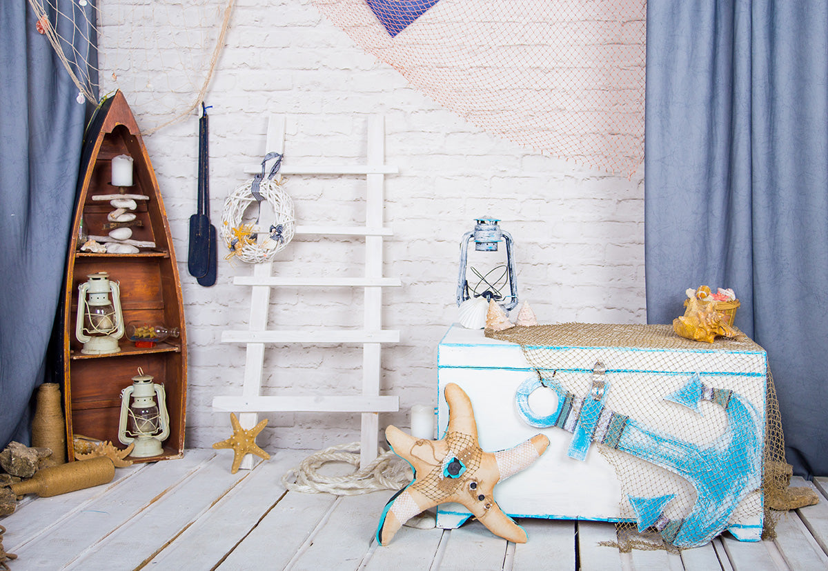Toile de fond d'ancre filet de pêche mur de briques blanches plancher de bois photo décors