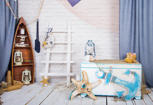 Toile de fond d'ancre filet de pêche mur de briques blanches plancher de bois photo décors