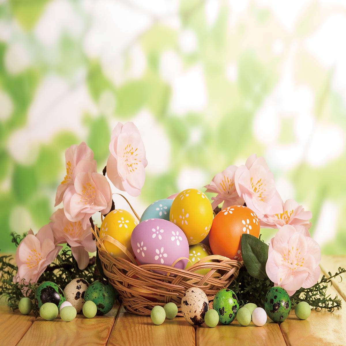 Toile de fond décors de photographie de Pâques de jardin de printemps pour la photographie