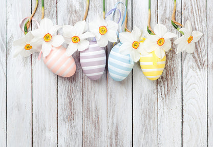 Toile de fond de photo de Pâques de fleurs d'oeufs en bois blanc pour le studio