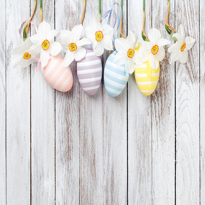 Toile de fond de photo de Pâques de fleurs d'oeufs en bois blanc pour le studio