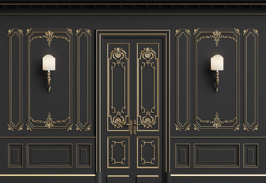 Toile de fond de porte de mur noire à texture dorée luxueuse pour la mariage en studio