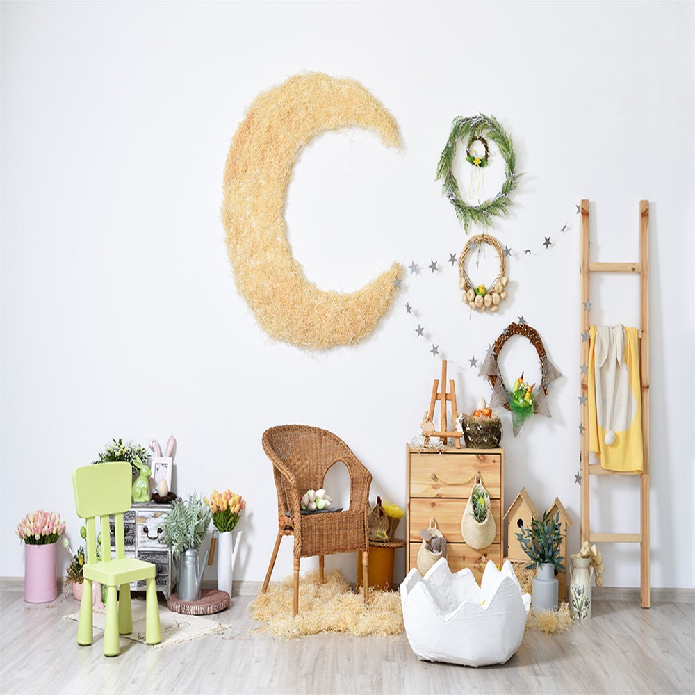 Toile de fond décors de lune de paille de dessin animé de joyeuses Pâques pour le photo de bébé