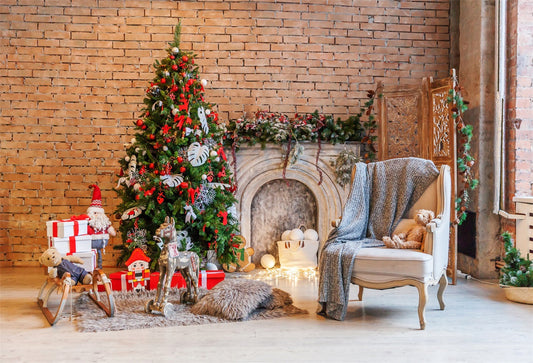 Toile de fond décors de Noël mur de briques fond de plancher en bois pour la photographie