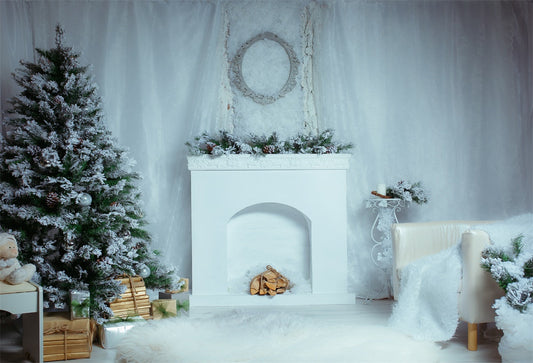 Toile de fond de photo de cheminée de Noël blanc
