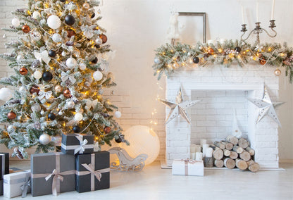 Toile de fond décors de Noël de cheminée en brique blanche pour le studio