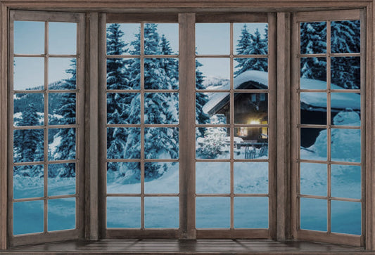 Toile de fond de fenêtre vintage en bois de neige d'hiver pour Noël