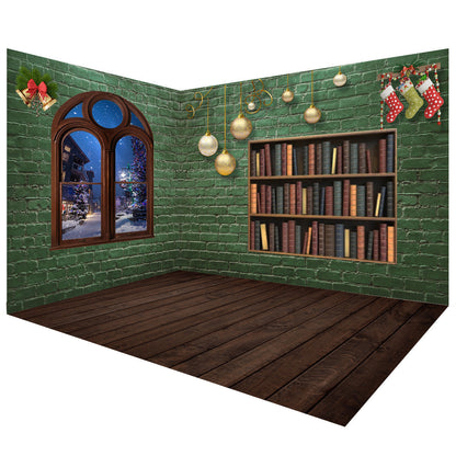 Ensemble de salle de toile de fond de photo de mur de briques vertes de Noël
