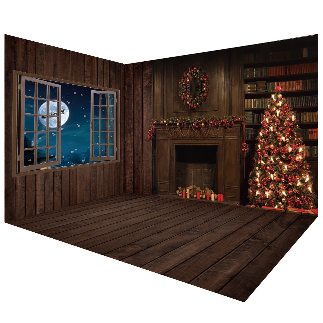 Ensemble de salle de toile de fond décors de photographie de Noël en bois foncé