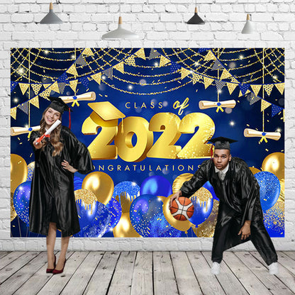 Toile de fond fond de paillettes bleu et doré 2022 décorations de fête de remise des diplômes SBH0103